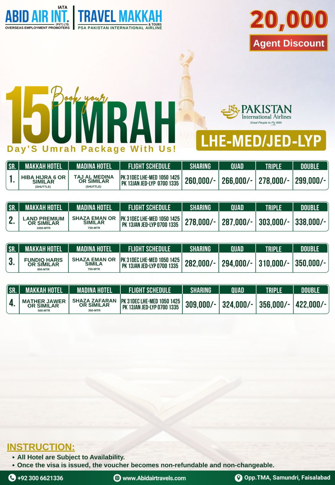TRAVEL MAKKAH 15 DAYS UMRA PACKAGE (DEP 31-DEC) PIA LHE-MED/JED-LYP