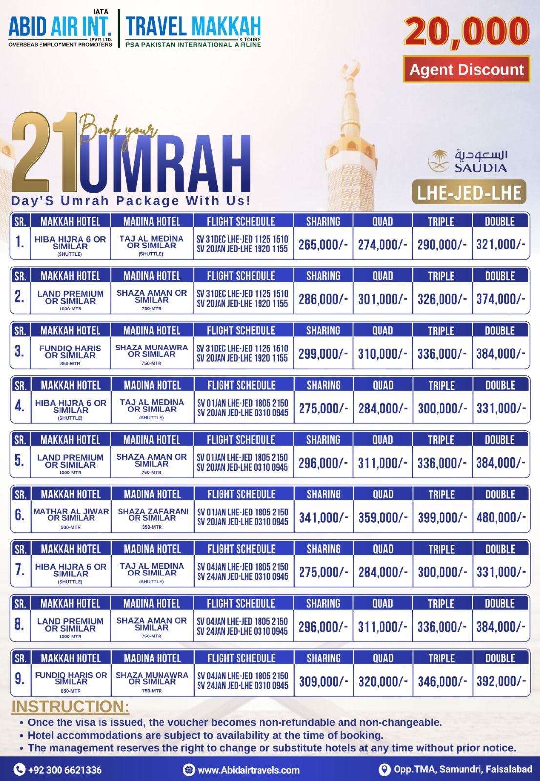 TRAVEL MAKKAH 21 DAYS UMRA PACKAGE (DEP 04-JAN) SV LHE-JED-LHE
